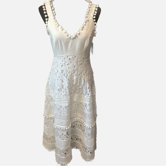Boston Proper Dresses New Boston Proper Mixed Media Lace Pom Pom Dress White Xs Maxi Boho